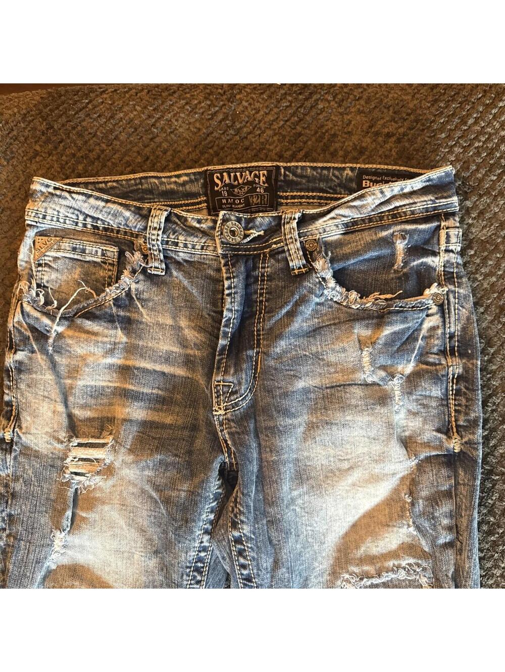 Vtg Y2K Salvage Supply Jeans Mens 30x30 Blue Slim Straight Havoc Stretch - Picture 7 of 13
